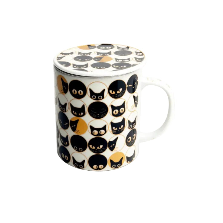 Edo Japan Mok wit kawaii katten Porselein. Theeset met losse rvs theefilter en losse deksel