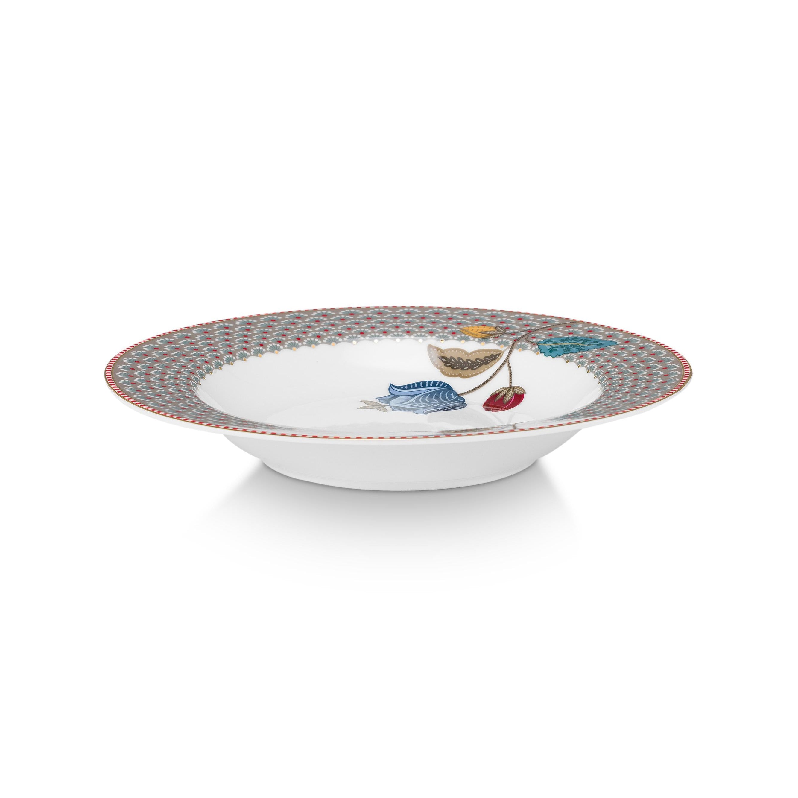 White ceramic deep plate with decorative rim on a white background. pip Studio Blooming Tales fantasy khaki