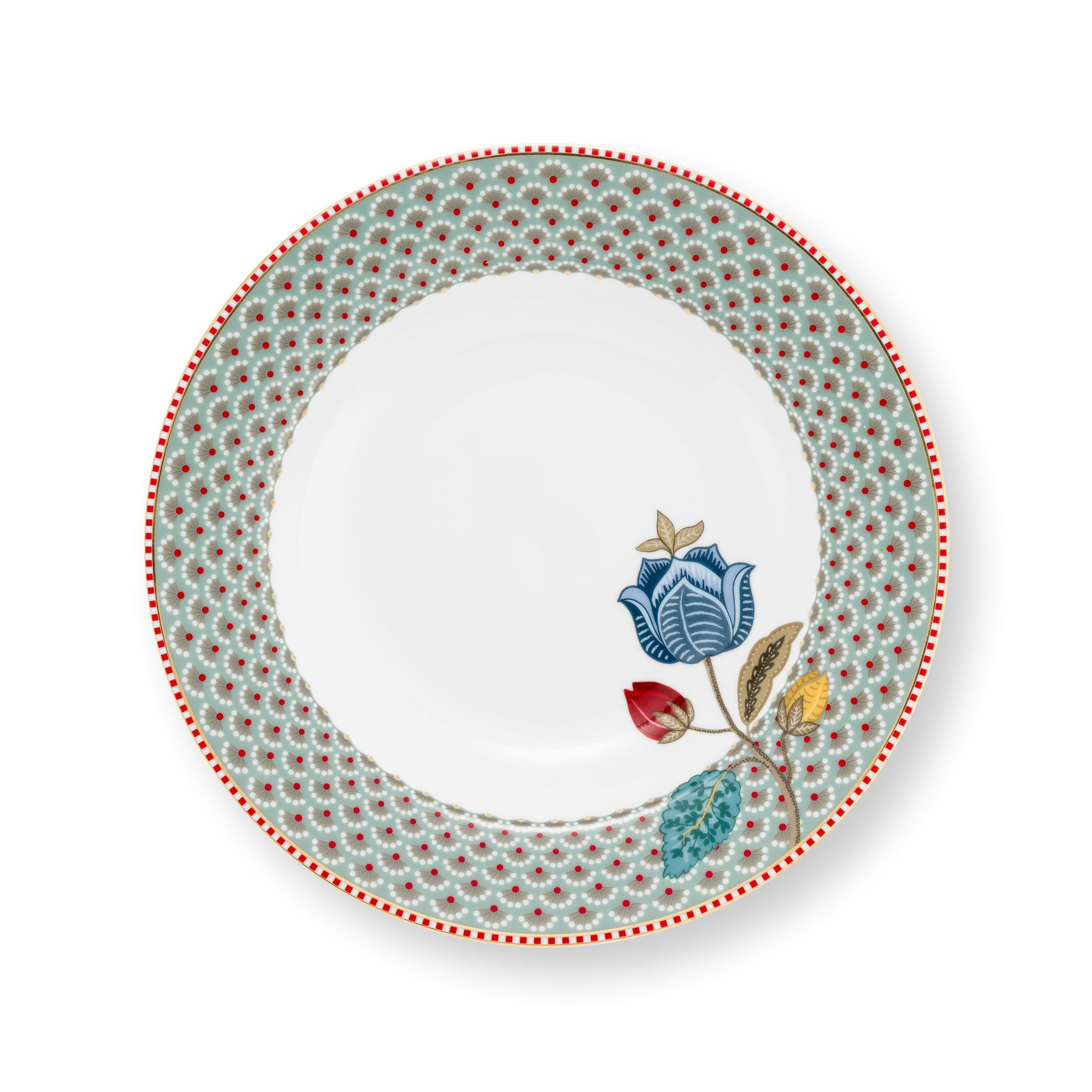 Diep bord blauw voor soep, pasta of salade. blauwe rand met rood schelppatroon. met bloem Pip Studio Blooming Tales Fantasy diameter 21.5cm. Handwas