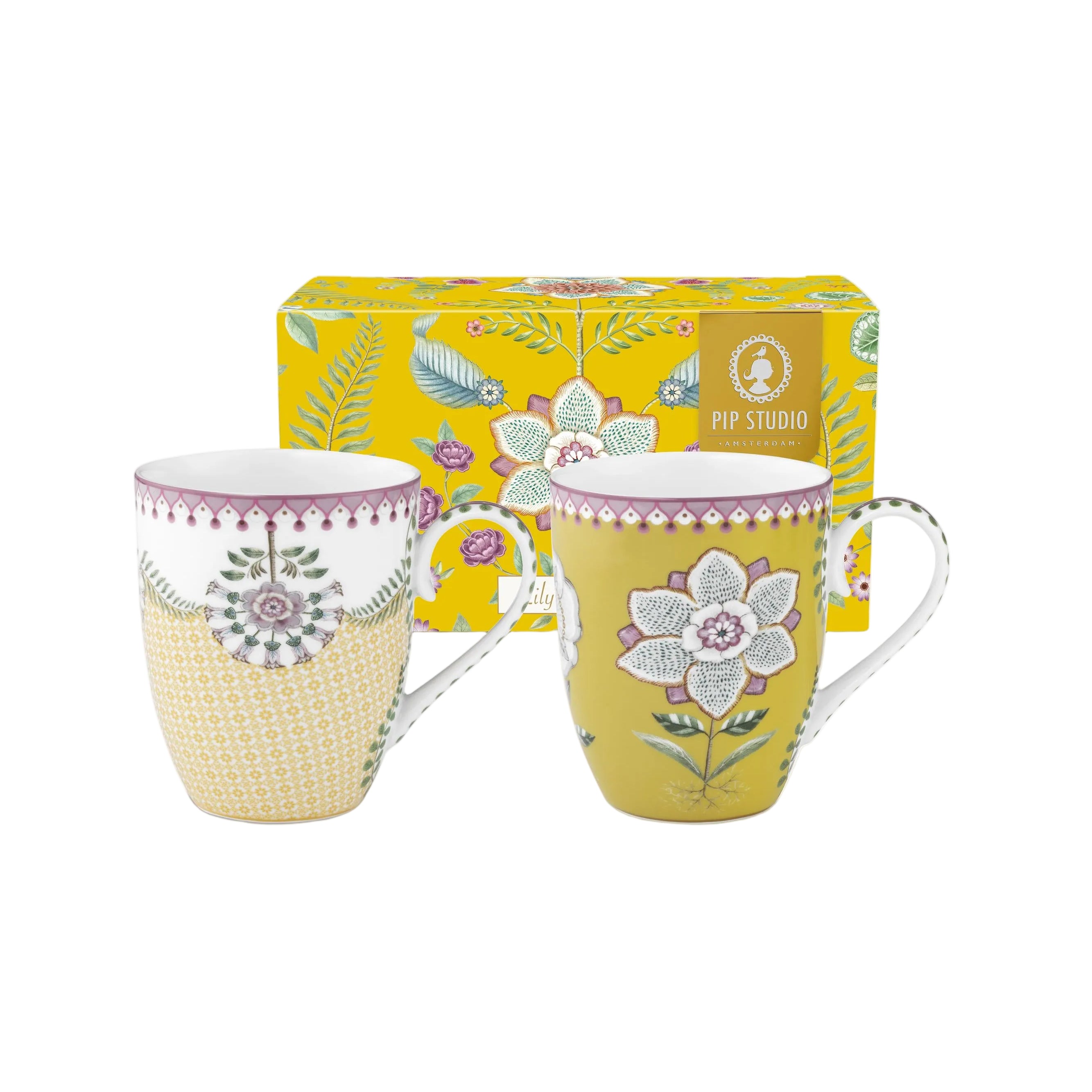 Set van 2 gele mokken van Pip Studio Lily en Lotus Yellow. De mokken zijn verpakt in een cadeaudoos. Inhoud mok is 365ml. De mokken zijn vaatwasser en magnetronbestendig.