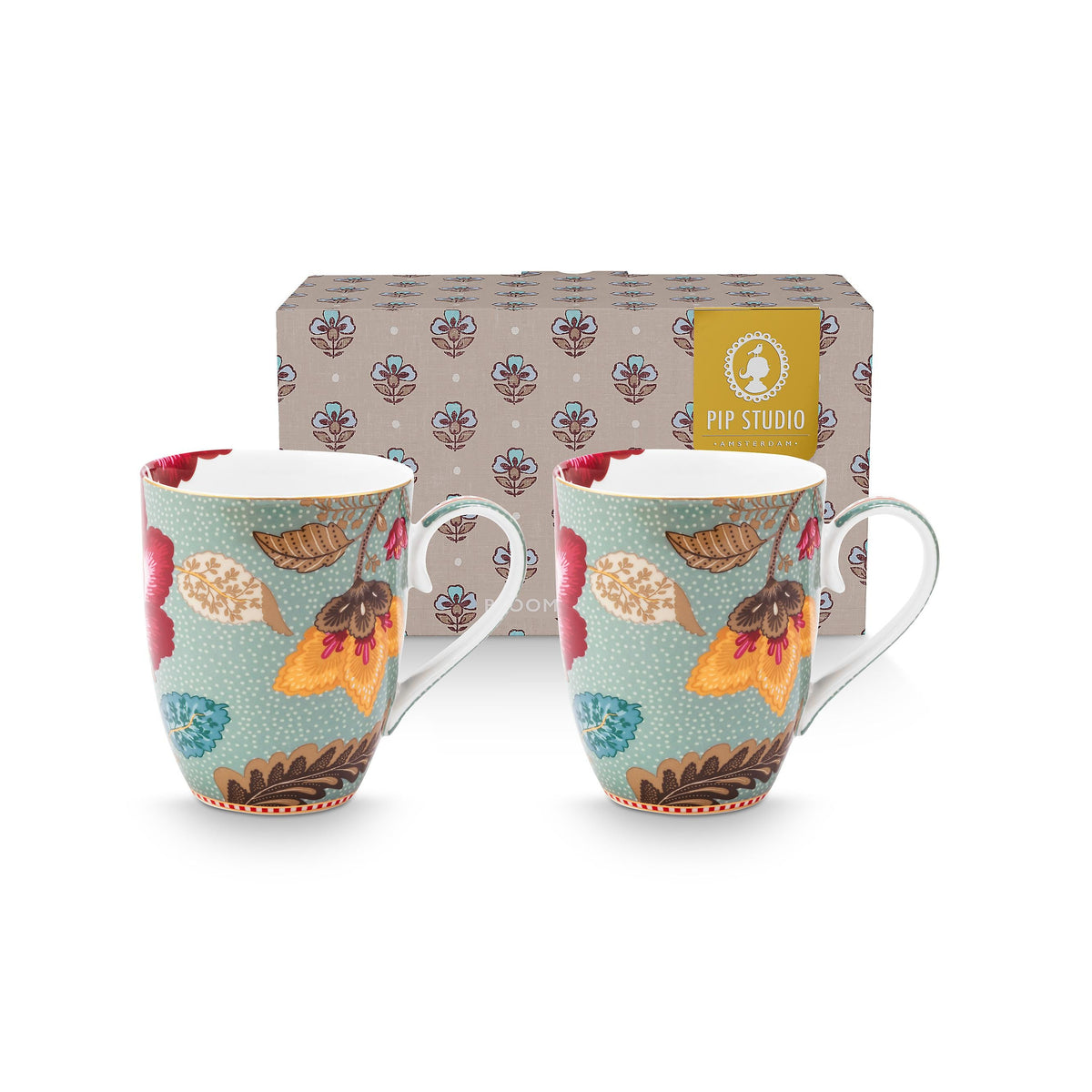 Pip Studio Blooming Tales Blue mokken set van twee. Blauwe mokken inhoud 365ml met illustratie van bloemen, in cadeaudoos verpakt