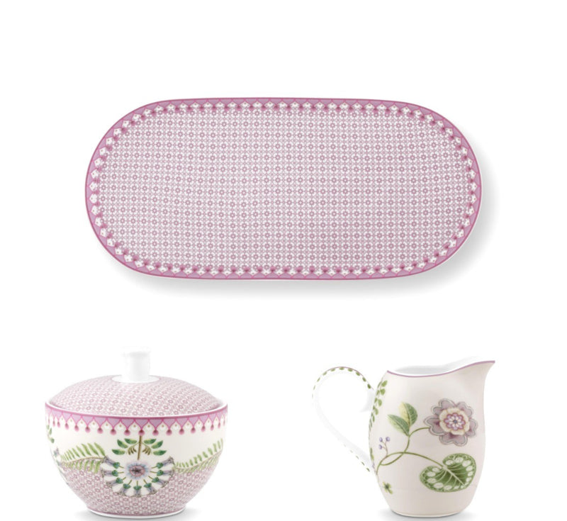 Pip Studio Lily & Lotus Fliederfarbenes Set aus drei Teilen: Zuckerdose, Milchkännchen und Untertasse