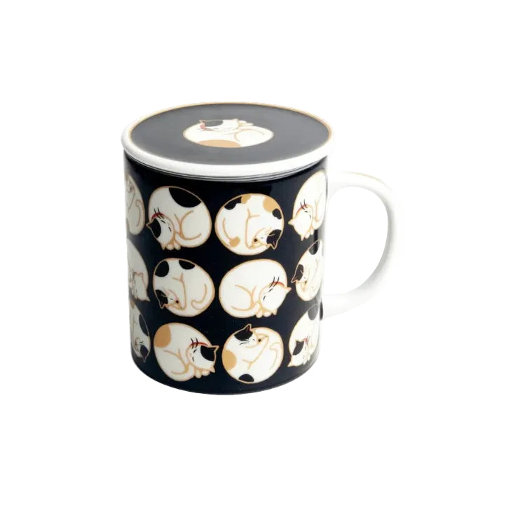Theebeker met rvs losse theefilter en deksel zwart met witte katten. Edo Japan