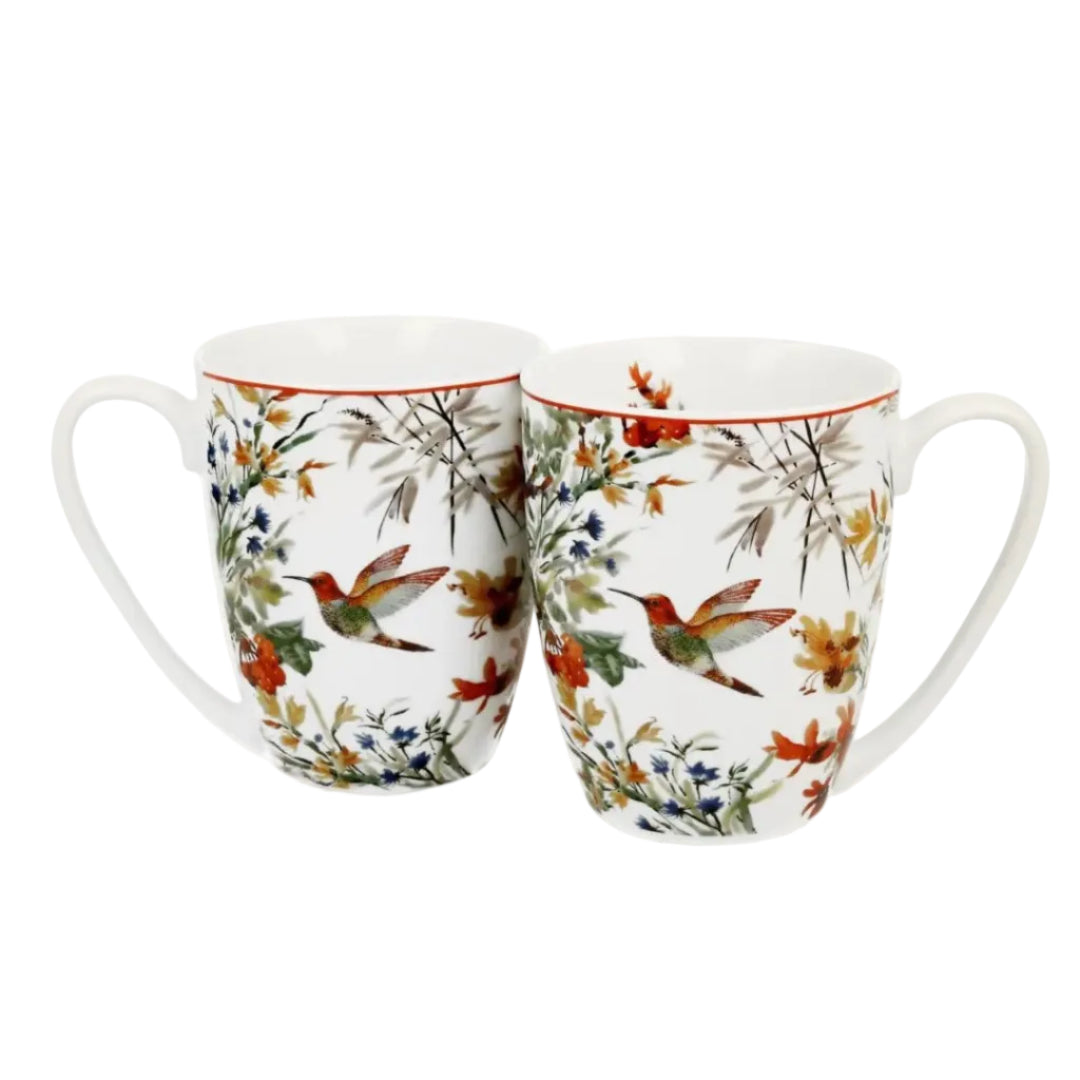 Set van 2 porseleinen mokken met illustratie van bloemen en vogel. In cadeaudoos. Vaatwasserbestendig