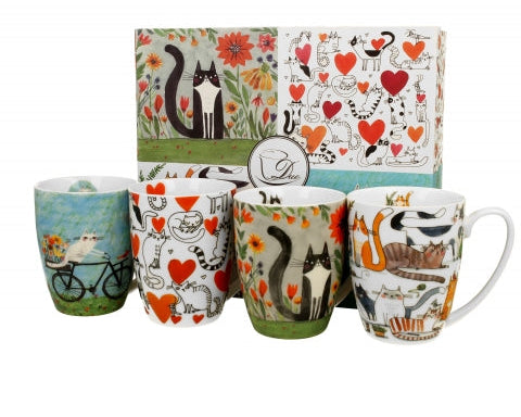 Set van vier porseleinen mokken met katten motief. in cadeaudoos verpakt. vaatwasserbestendig