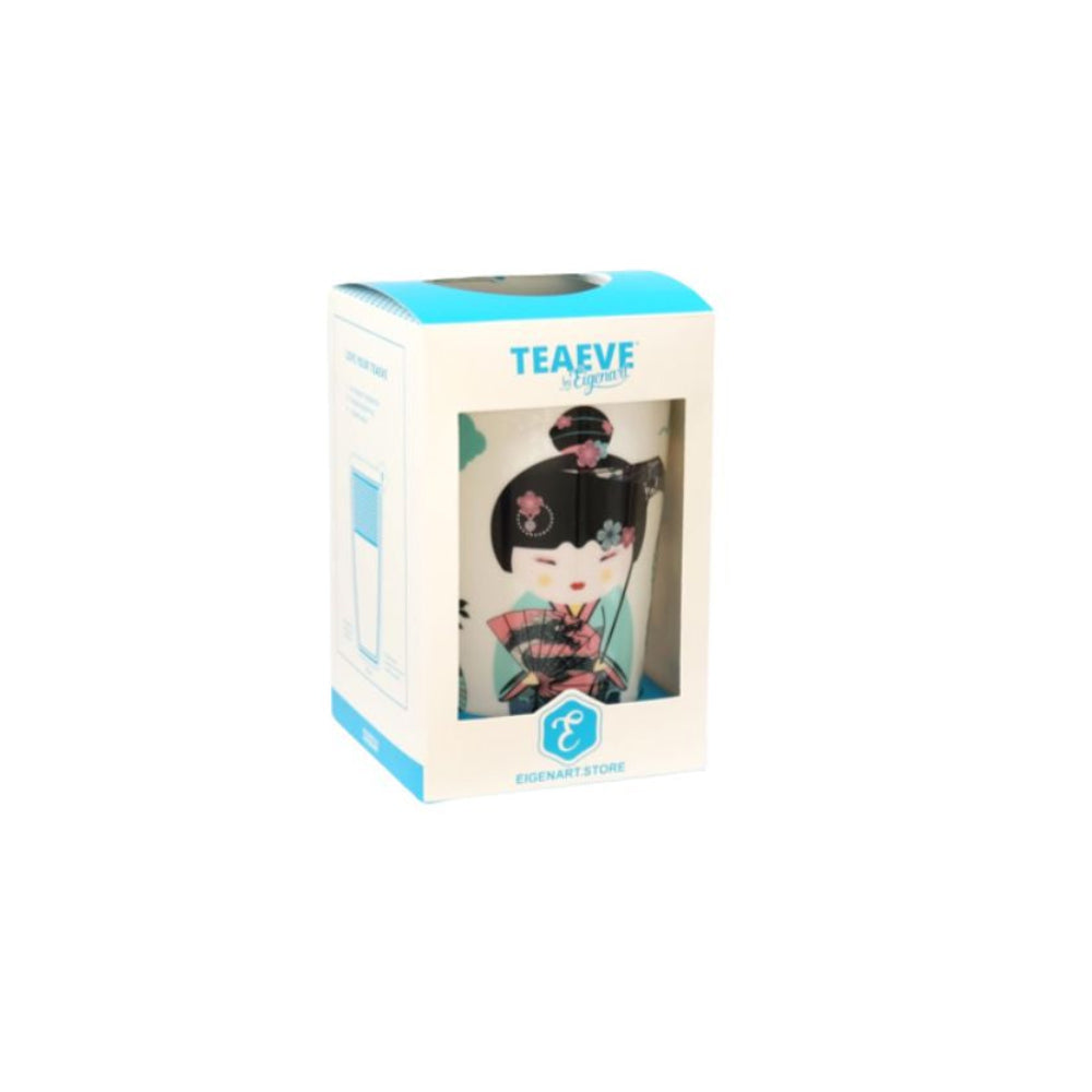 Eigenart teaeve Geisha blauw theebeker met losse theefilter en deksel. dubbelwandig porselein in verpakking