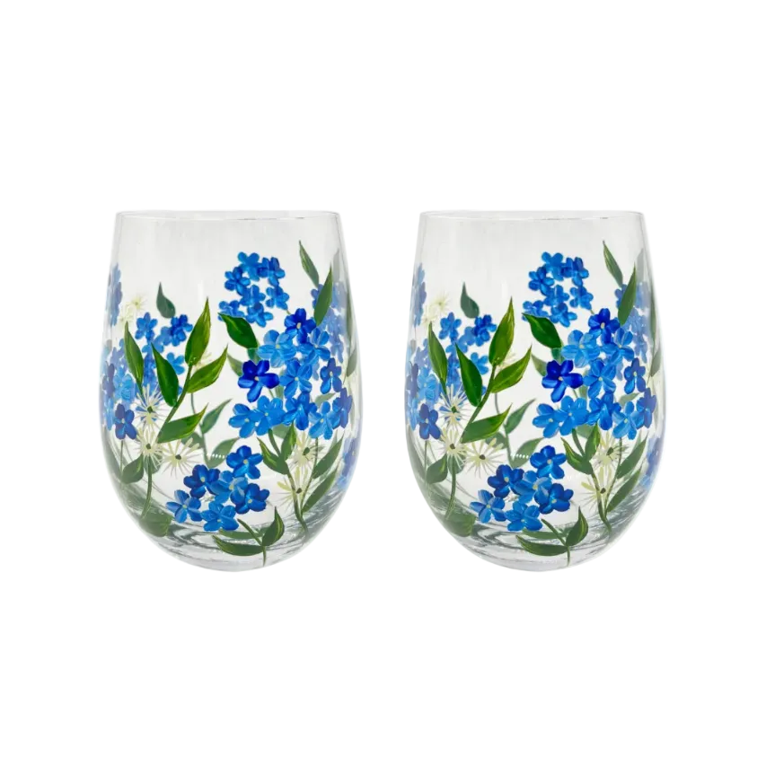 Set van 2 Livellara Milano waterglazen met blauwe Vergeet‑mij‑nietjes, handbeschilderd, 450 ml