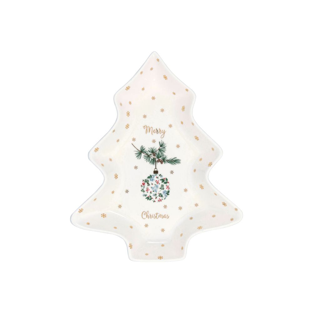 Bord in de vorm van een kerstboom van Greengate. gouden sterren en de tekst Merry Christmas