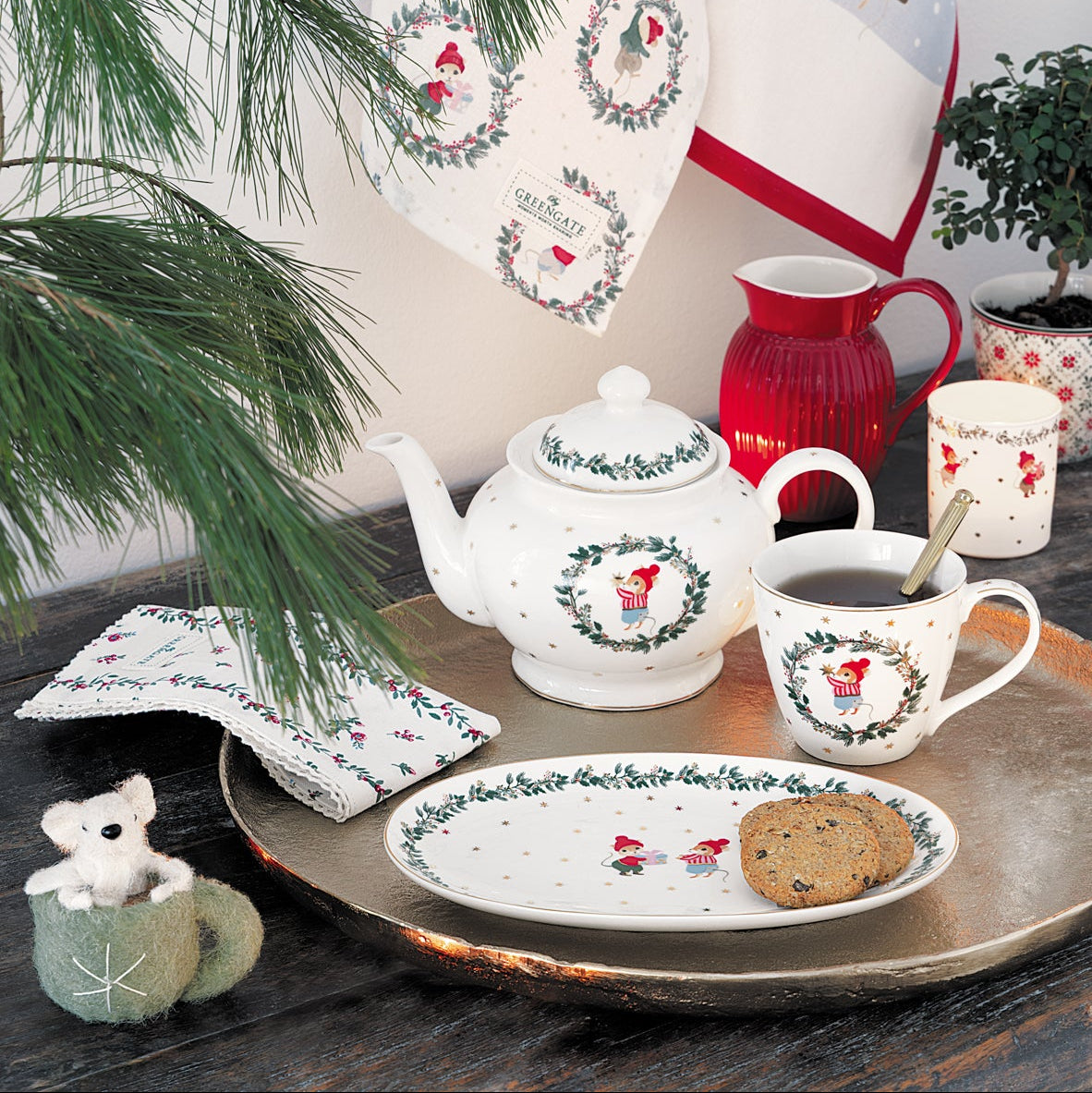 Kerst servies met muisjes Greengate Joanni - Theepot- mokken en serveerschaaltjd