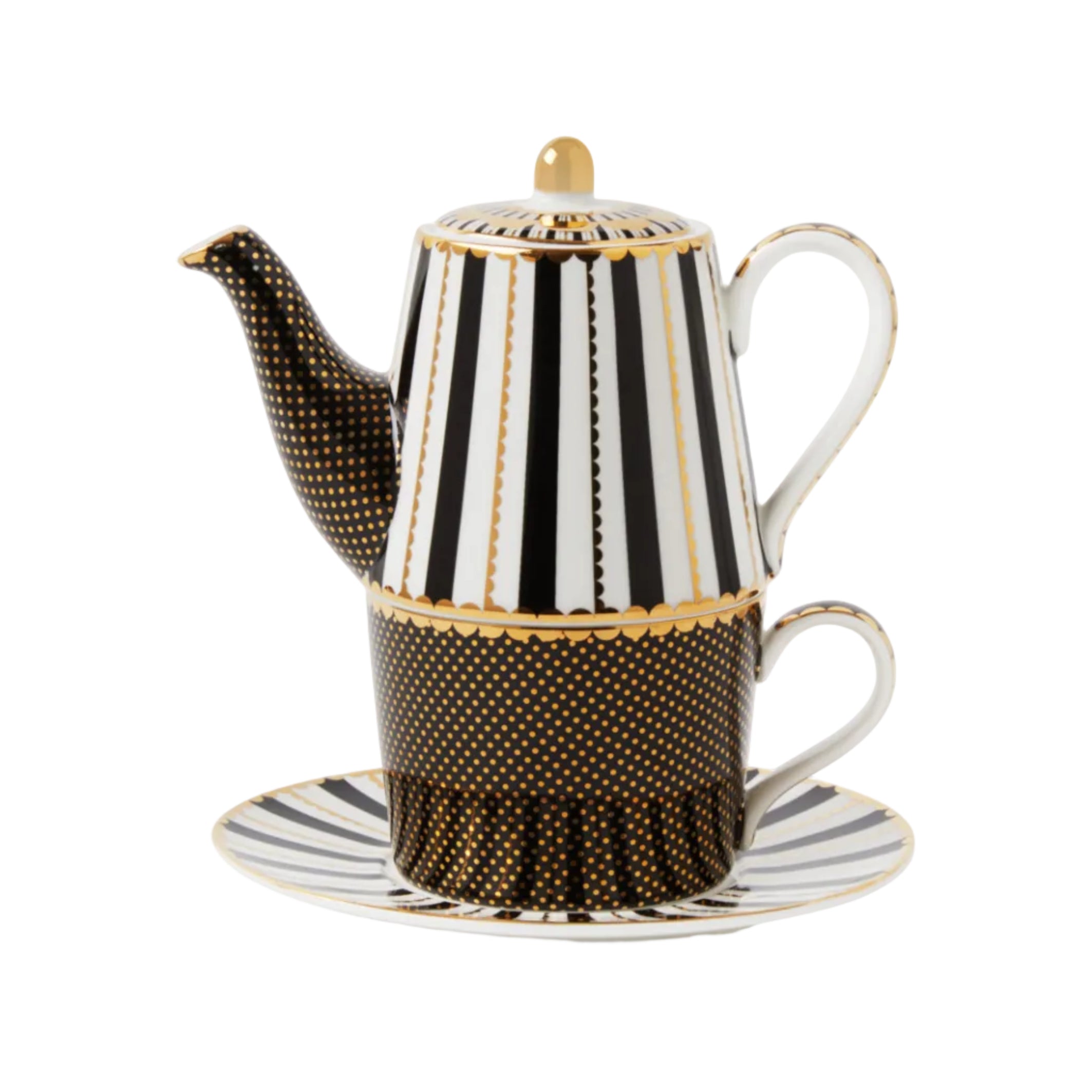 Tea for one set van Maxwell and Williams zwart, wit en goud in cadeaudoos verpakt