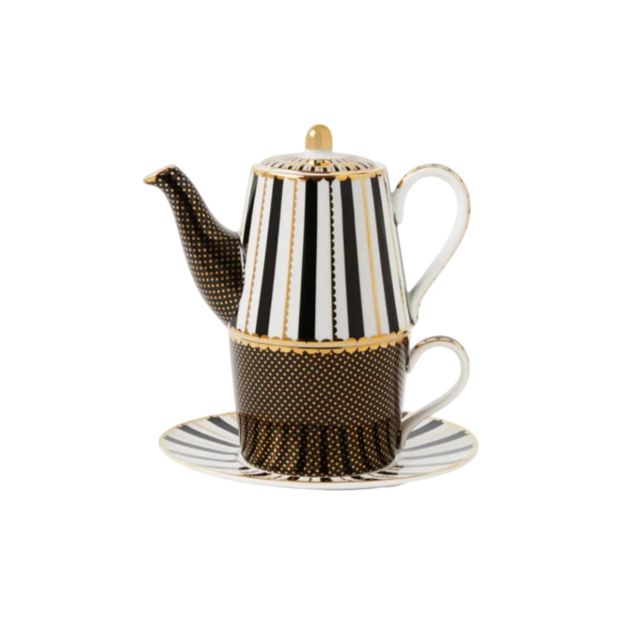 Tea for one set van Maxwell and Williams zwart, wit en goud in cadeaudoos verpakt