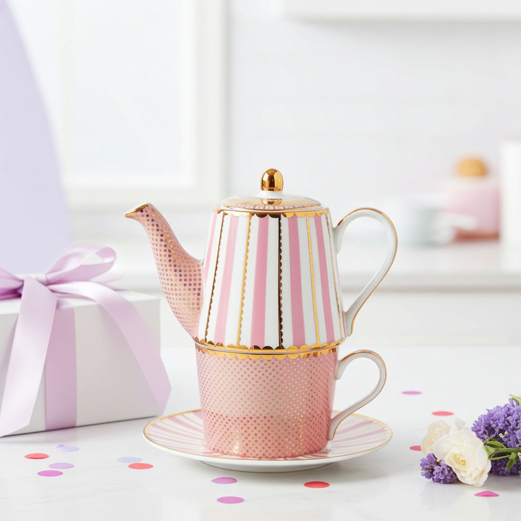 Een tea for one set roze van Maxwell en Williams. een theepotje en kop en schotel in roze, wit en goud.