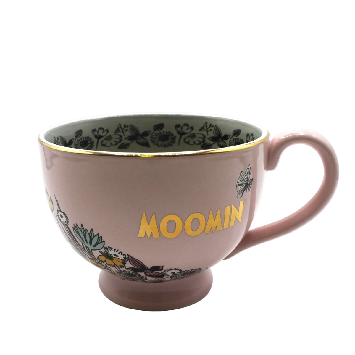 Zij aanzicht roze moomin love mok met in goud de tekst Moomin