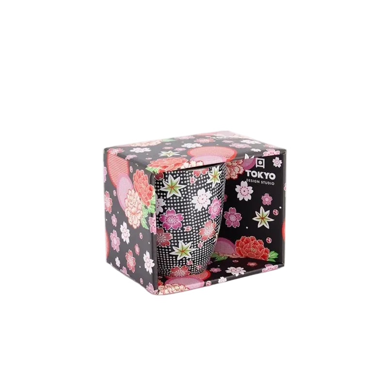 Zwarte Mok met bloemen Kawaii Flowers Tokyo Design Studio