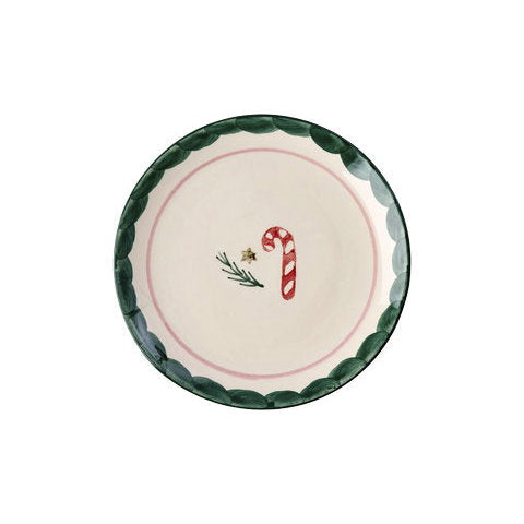 Rice kerst gebaksbordje in off white met candy cane motief en donkergroene schulprand, van bovenaf gezien.