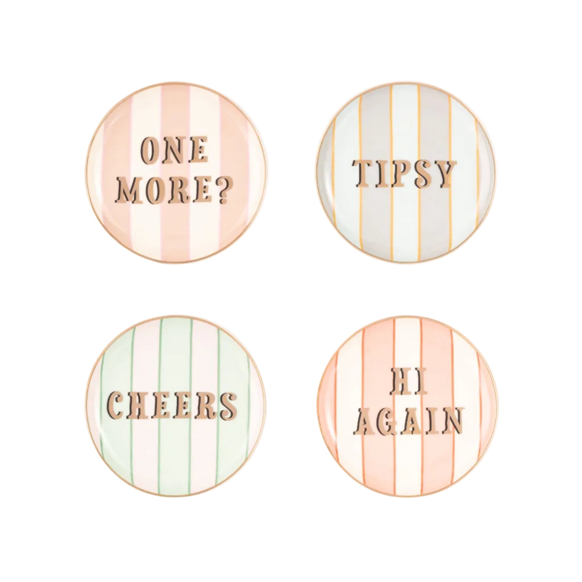 onderzetters met slogans zoals tipsy, one more, cheers en hi again, porselein, in cadeaudoos verpakt. Yvonne Ellen London