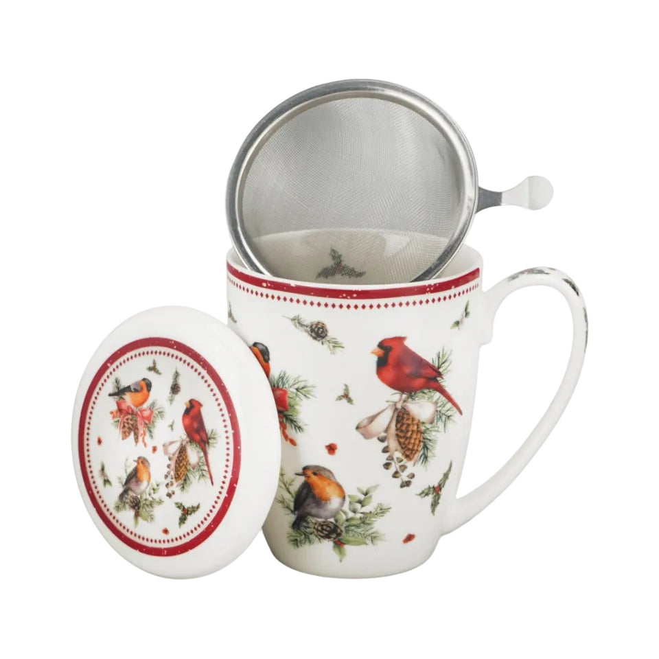 Theebeker met losse theefilter en deksel Birds of Winter
