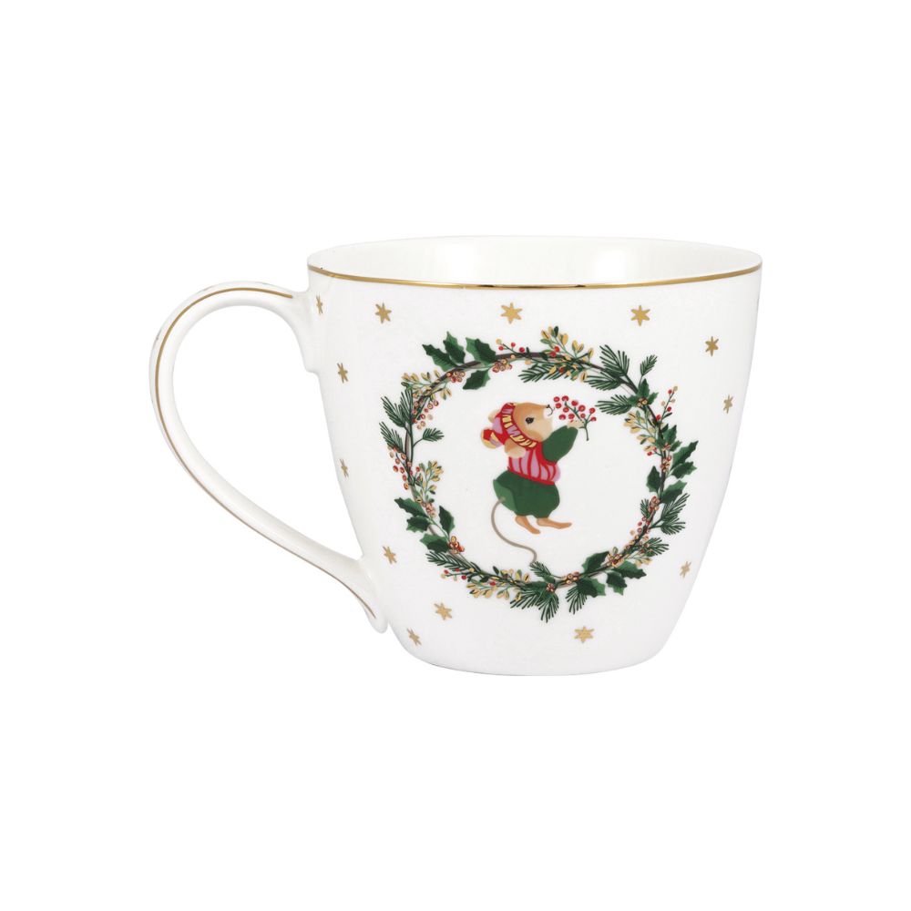 Kerst servies van Greengate Joanni kerstmok met schattige muisje met hulstring en gouden sterren (achterkant)