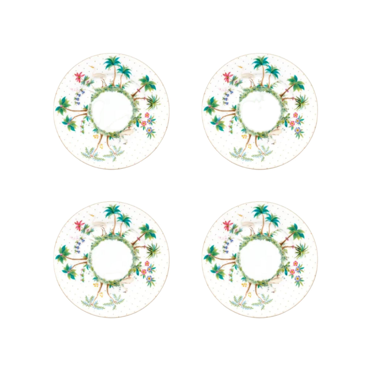 Set van vier porseleinen gebaksborden van Pip Studio servies collectie Jolie. Tropische rand met heron en zwaan en gouden stippen.