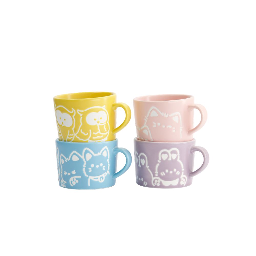 Tokyo Design Studio Set van 4 kleine mokjes pastel met kawaii dieren zijkant mokken