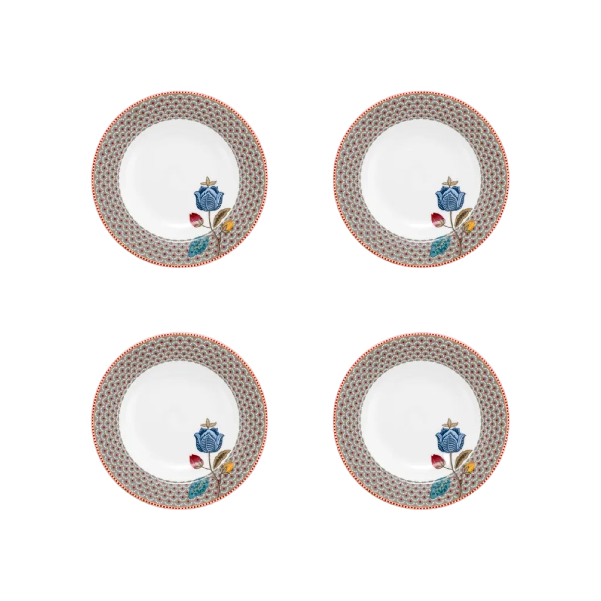 Diepe borden set van vier Pip Studio Blooming Tales Fantasy khaki diameter 21.5cm Alleen handwas om de kleur te behouden