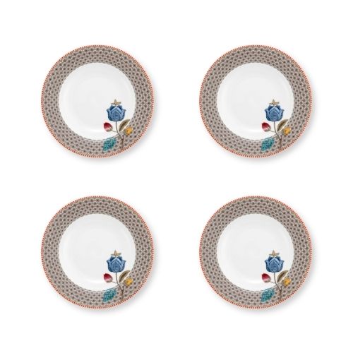 Set van vier diepe borden voor soep, pasta of salade. Bruine rand met blauwe bloemen uit de collectie Pip Studio Blooming Tales Fantasy