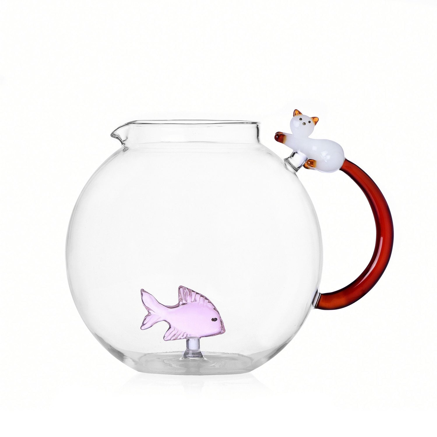 Kan glas met witte kat en roze vis. handgeblazen glas van Ichendorf Milano. In cadeaudoos inhoud 390cl