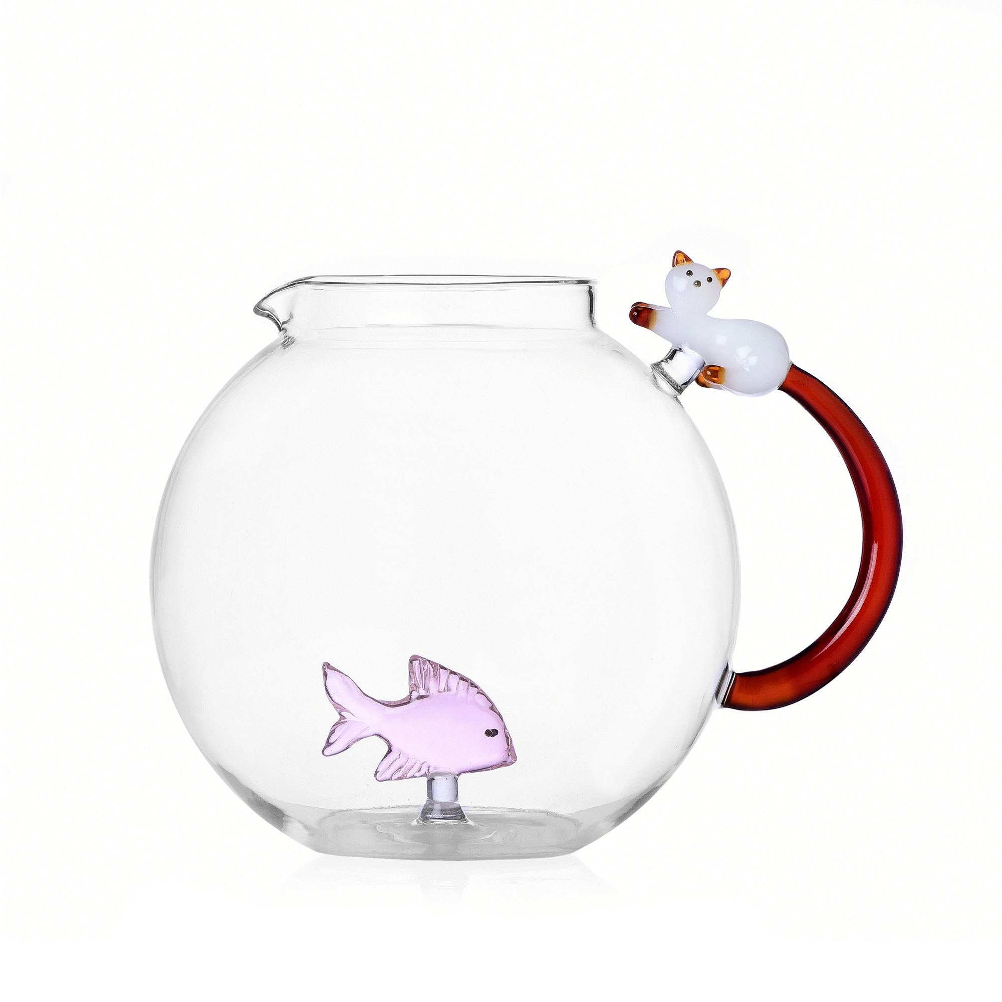 Kan glas met witte kat en roze vis. handgeblazen glas van Ichendorf Milano. In cadeaudoos inhoud 390cl