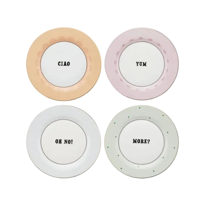 set van vier ontbijtborden Slogan Yvonne Ellen London