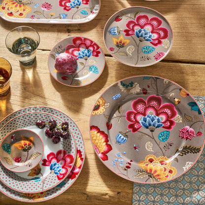 Pip Studio Blooming Tales Fantasy khaki servies collectie. Bruin met bloemen illustratie, porselein.