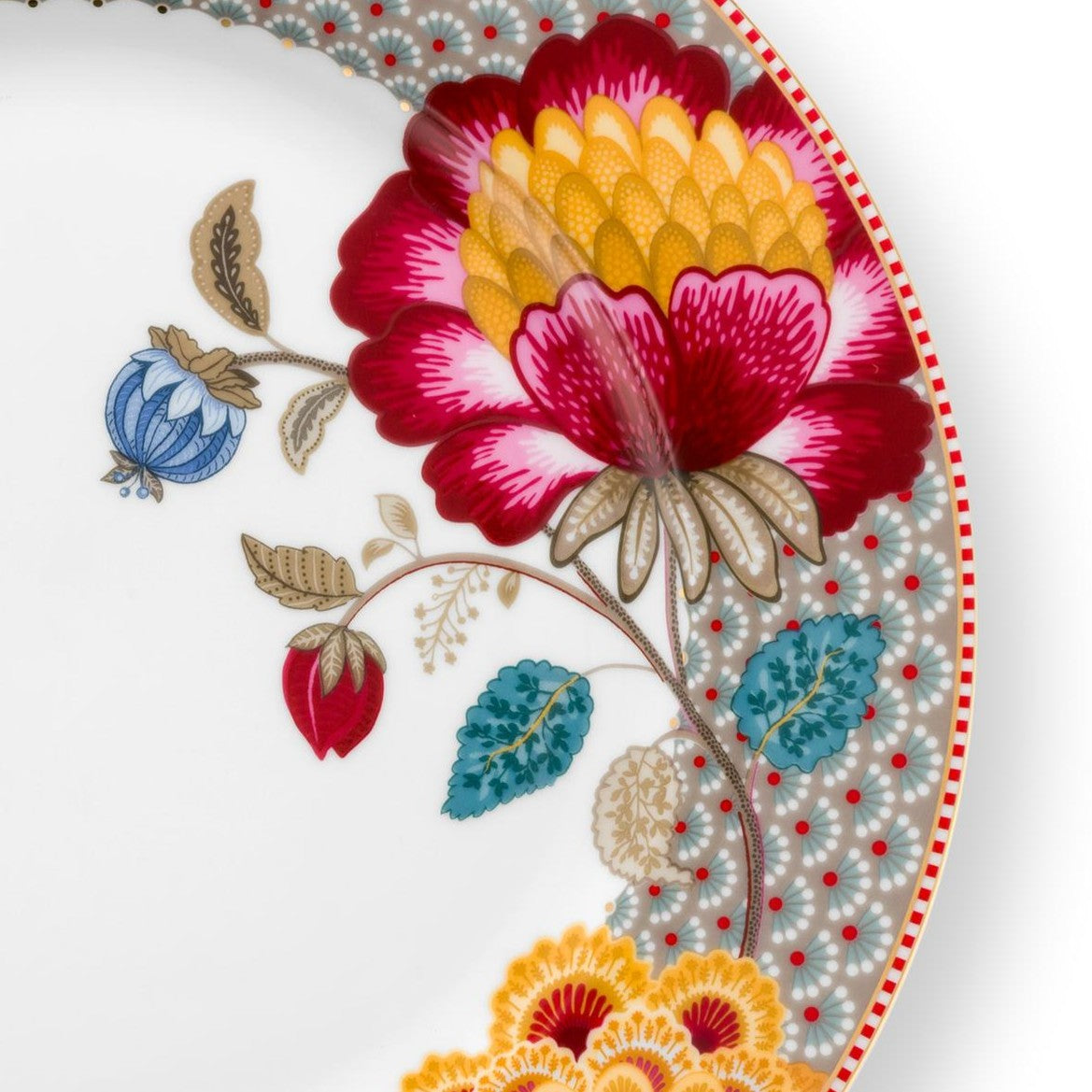 Detail Bloem en gouden randjes dinerbord khakhi Blooming Tales Fantasy