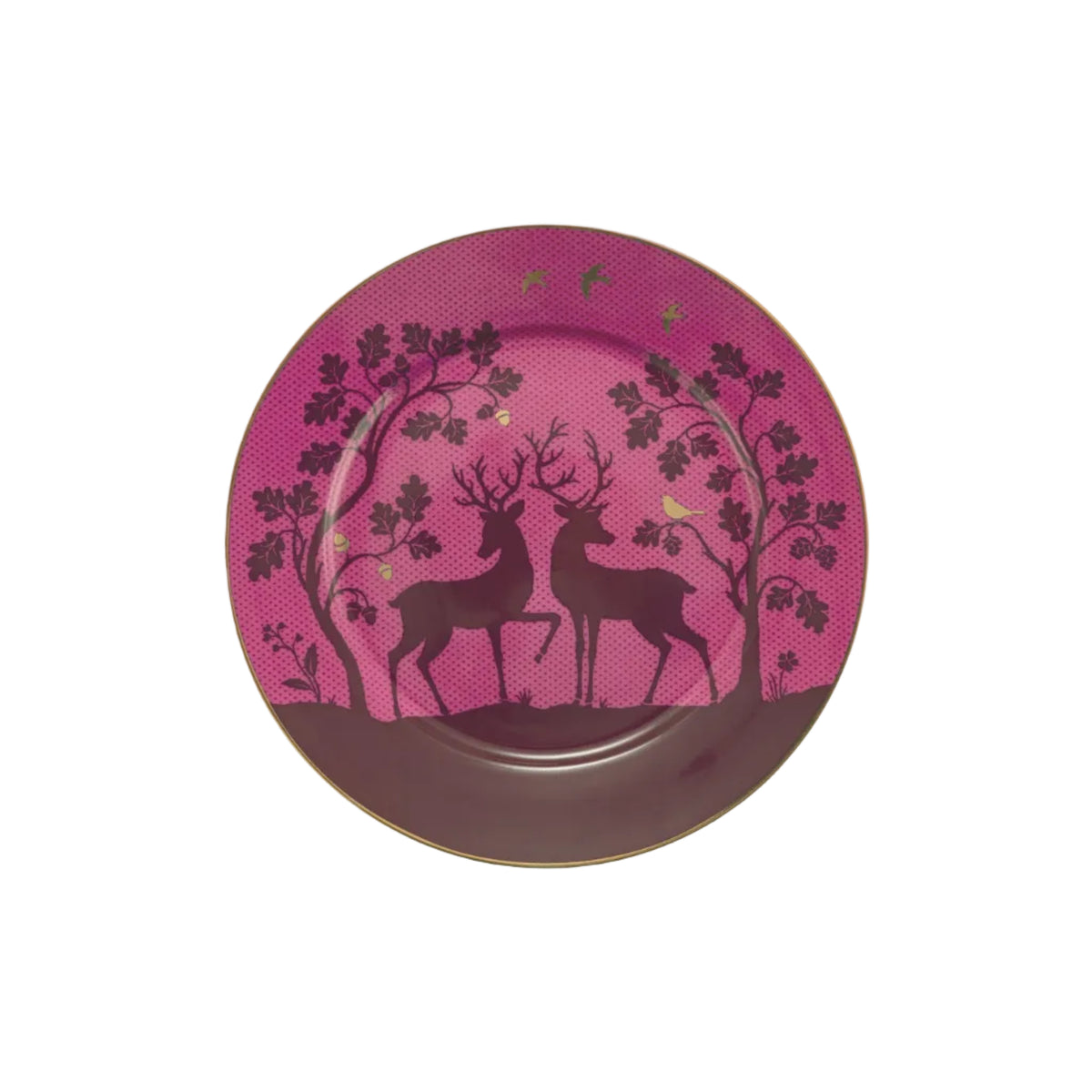 Gebaksbord Roze met bomen, herten en vogeltjes in goudaccenten. Porselein, diameter 17cm. Pip Studio Deerest Darling Pink