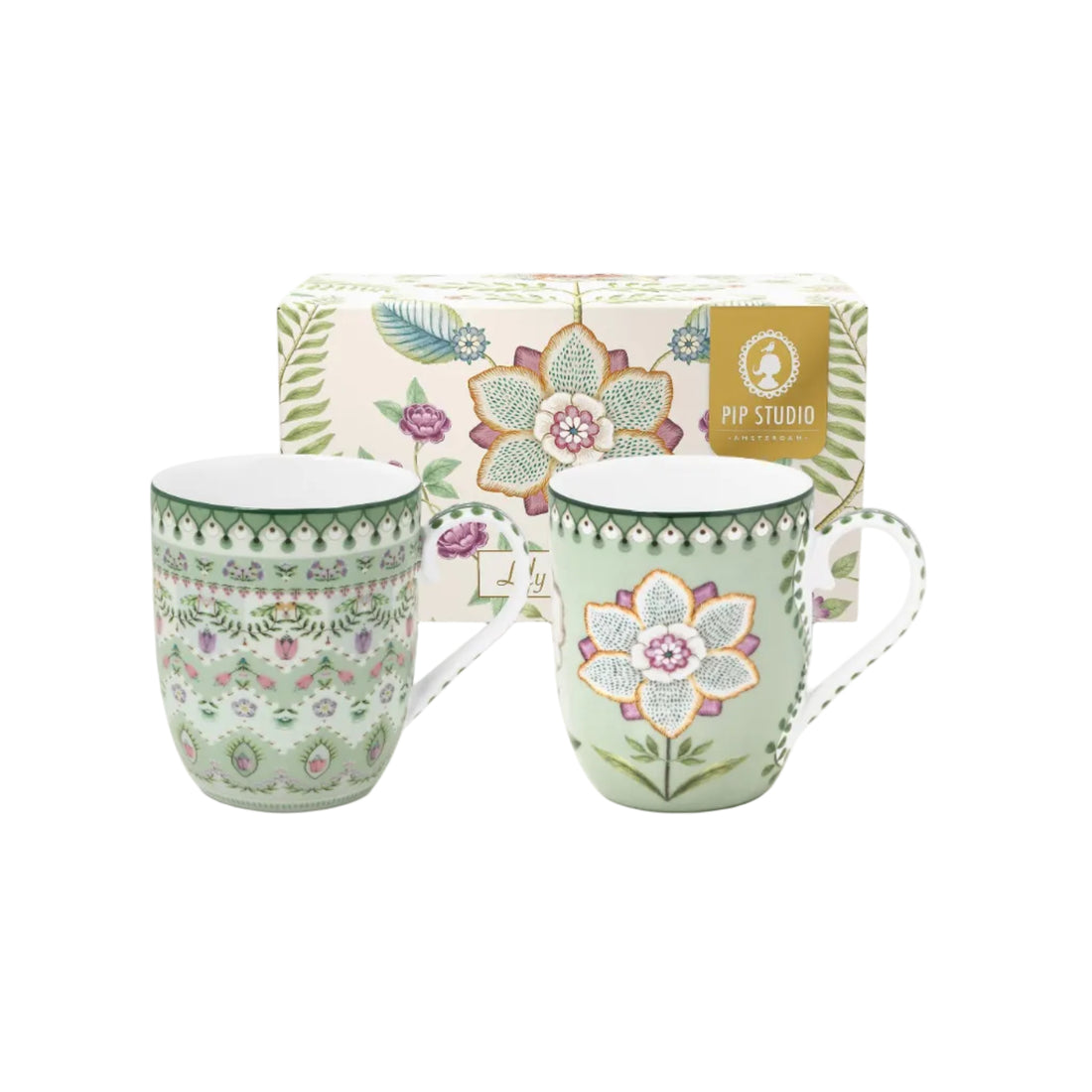 Groene mokken set Pip Studio Servies Lily &amp; Lotus groen Small 145ml, porselein, vaatwasserbestendig, magnetronbestendig