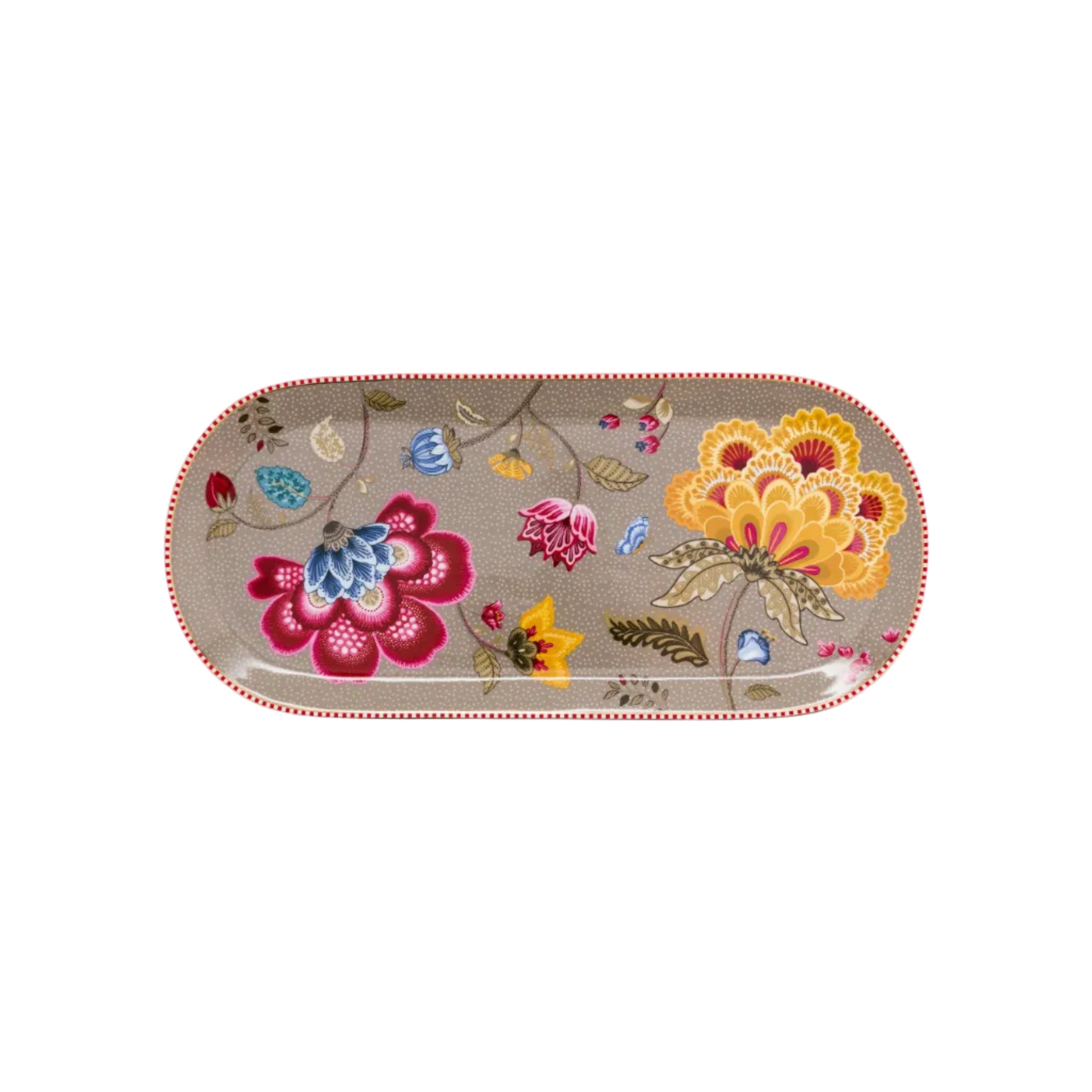 Schaal voor serveren van hapjes van Pip Studio servies Blooming Tales Fantasy. Bruin of khaki met bloemen en gouden acenten, hierdoor alleen handwas. afmetingen 33 x 13 cm ovaal, porselein
