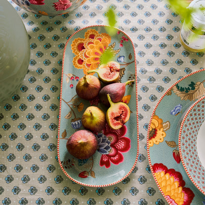 Schaal voor het serveren van hapjes, cakes of ander lekkers. blauw met bloemen en gouden accenten. Pip Studio Servies Blooming tales Fantasy blue. Alleen handwas