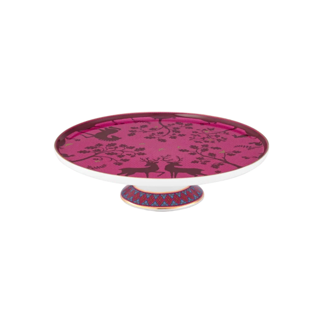 Taart plateau roze op voetje illustratie met herten en paard, bomen en vogeltje, met goud accenten. Pip Studio Deerest Darling Pink