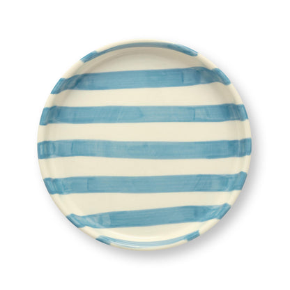 VT Wonen gebaksbord Stripes van stoneware met handgeschilderd strepenpatroon in lila, geel, rood, blauw en groen.