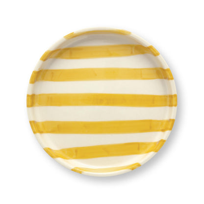 VT Wonen gebaksbord Stripes van stoneware met handgeschilderd strepenpatroon in lila, geel, rood, blauw en groen.
