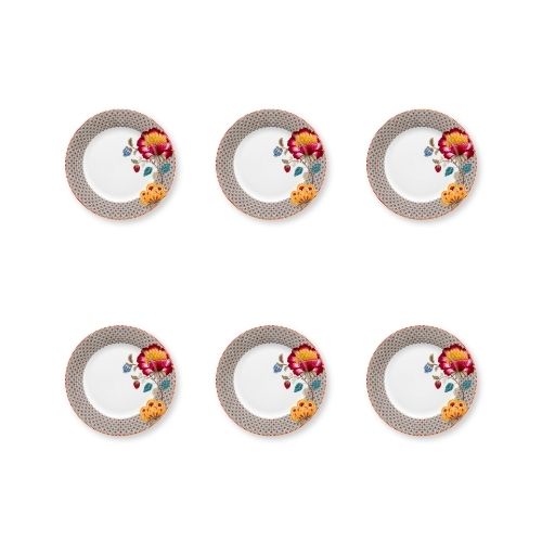 zes porseleinen dinerborden bruin met bloem in rood en geel van Pip Studio servies collectie Blooming Tales Fantasy khaki