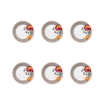 zes porseleinen dinerborden bruin met bloem in rood en geel van Pip Studio servies collectie Blooming Tales Fantasy khaki