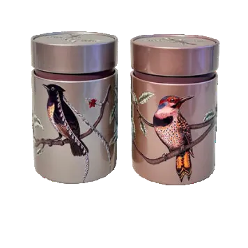 Theeblikken set van 2 150 gram inhoud per blik. Met binnendeksel. Illustratie van vogels. Eigenart Cases Birds