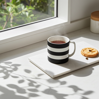 Zwart wit gestreepte mok van Cornishware Colours. Inhoud 420ml. Vaatwasserbestendig, magnetronbestendig