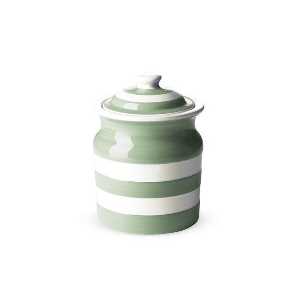 Cornishware willow green Voorraadpot - handbeschilderde salie groen strepen - voor het bewaren van koffie, rijst of suiker - luchtdicht siliconen ring - losse deksel - aardewerk