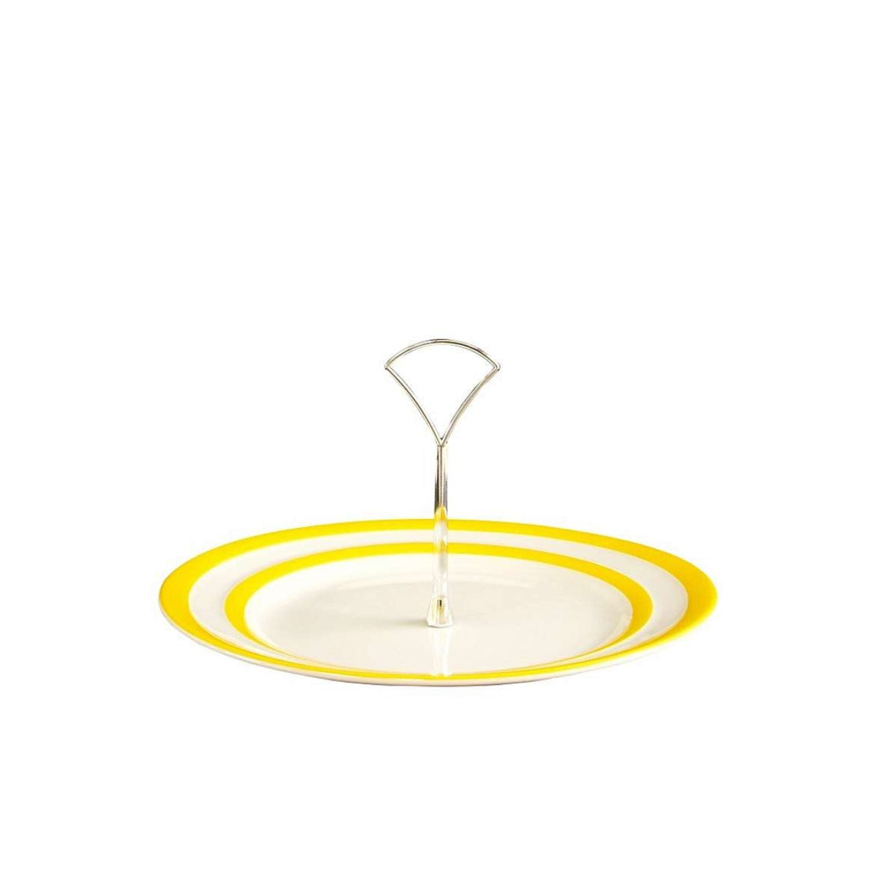 Ronde serveerschaal met zilverkleurig rvs handvat - keramiek - gele strepen op wit - Cornishware Yellow