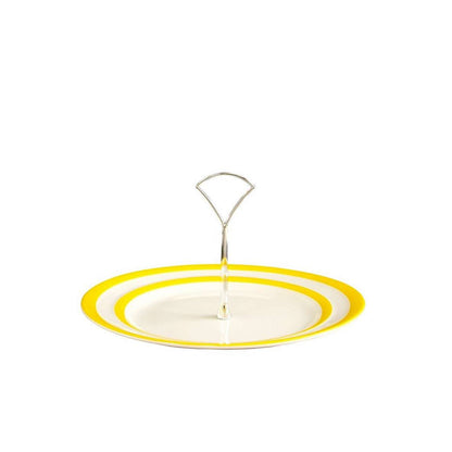 Ronde serveerschaal met zilverkleurig rvs handvat - keramiek - gele strepen op wit - Cornishware Yellow