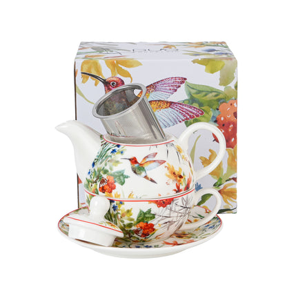 tea for one set met vogel en bloemen in cadeaudoos. 