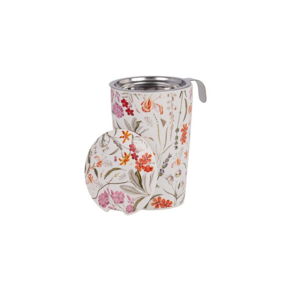 Eigenart Teaeve Mira dubbelwandige porseleinen theebeker met roze en oranje bloemen. met losse theefilter en deksel.