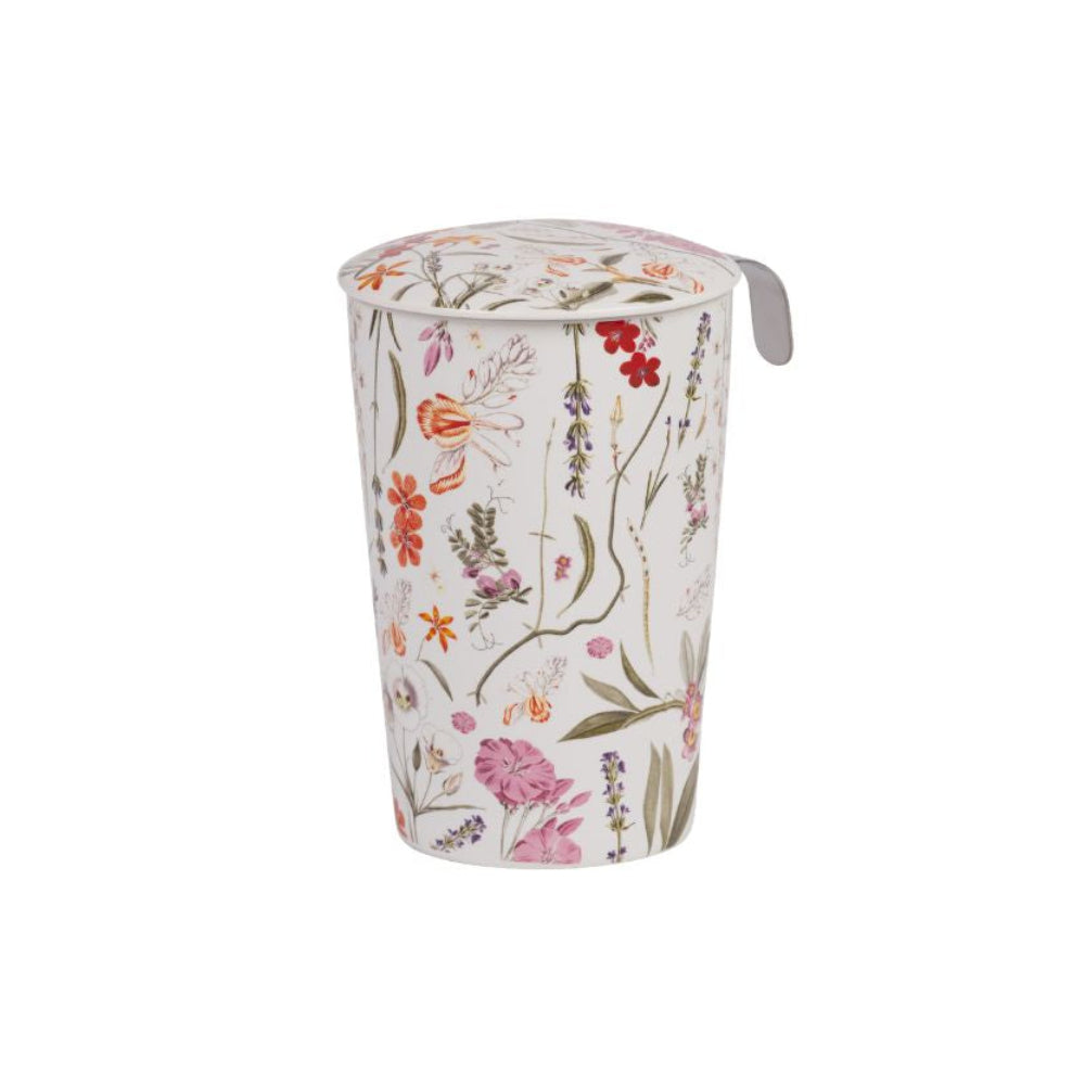 Eigenart Teaeve Mira dubbelwandige porseleinen theebeker met roze en oranje bloemen. met losse theefilter en deksel.
