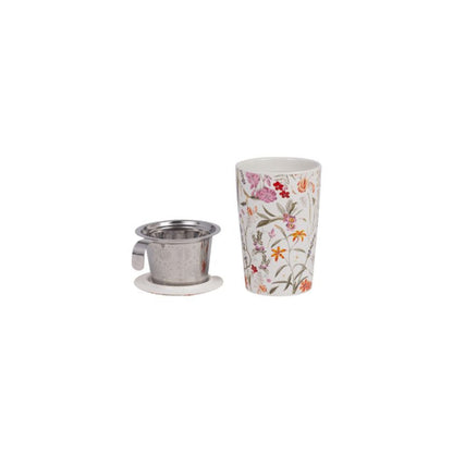 Eigenart Teaeve Mira dubbelwandige porseleinen theebeker met roze en oranje bloemen. met losse theefilter en deksel.