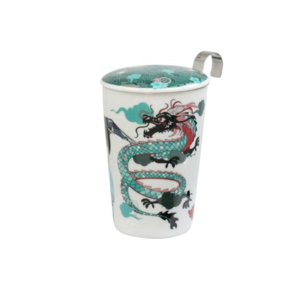 Eigenart teaeve Geisha blauw theebeker met losse theefilter en deksel. dubbelwandig porselein. achterkant met japanse draak